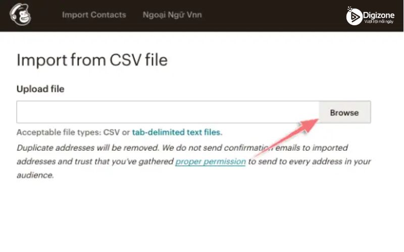 Nhập danh sách email bằng cách tải lên file dạng CSV